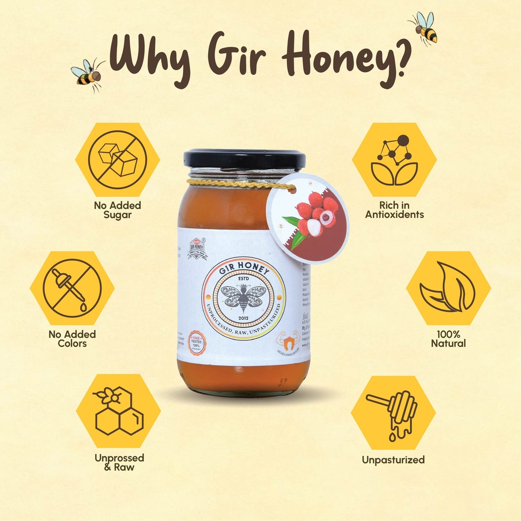 GIR HONEY LYCHEE Organic Raw Honey | NMR Tested 100% Raw & Pure Honey | Unprocessed, Unpasteurized, Unheated & Unadulterated | 500gm Jar