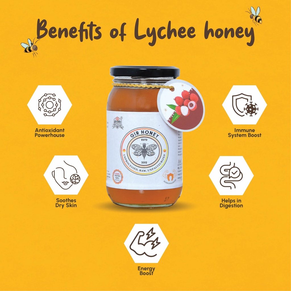 GIR HONEY LYCHEE Organic Raw Honey | NMR Tested 100% Raw & Pure Honey | Unprocessed, Unpasteurized, Unheated & Unadulterated | 500gm Jar