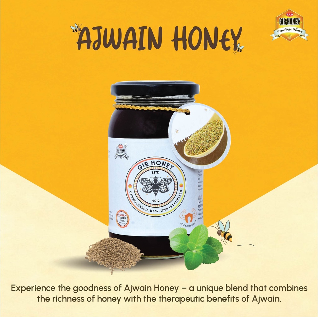 GIR HONEY AJWAIN Organic Raw Honey | NMR Tested 100% Raw & Pure Honey | Unprocessed, Unpasteurized, Unheated & Unadulterated | 500gm Jar