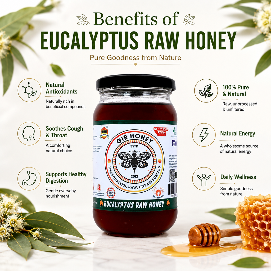 GIR HONEY Eucalyptus Organic Raw Honey | NMR Tested 100% Raw & Pure Honey | Unprocessed, Unpasteurized, Unheated & Unadulterated | 500gm Jar