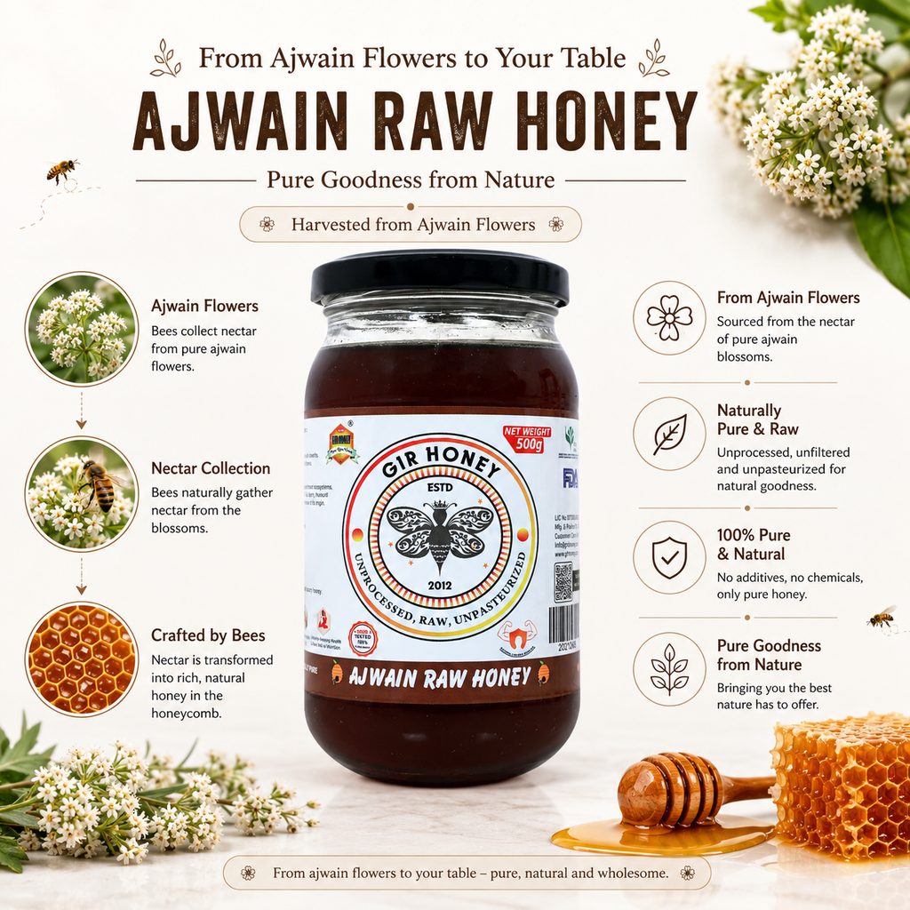 GIR Honey Ajwain Black Raw Honey: NMR Tested 100% Pure, Unprocessed & Organic (500g)