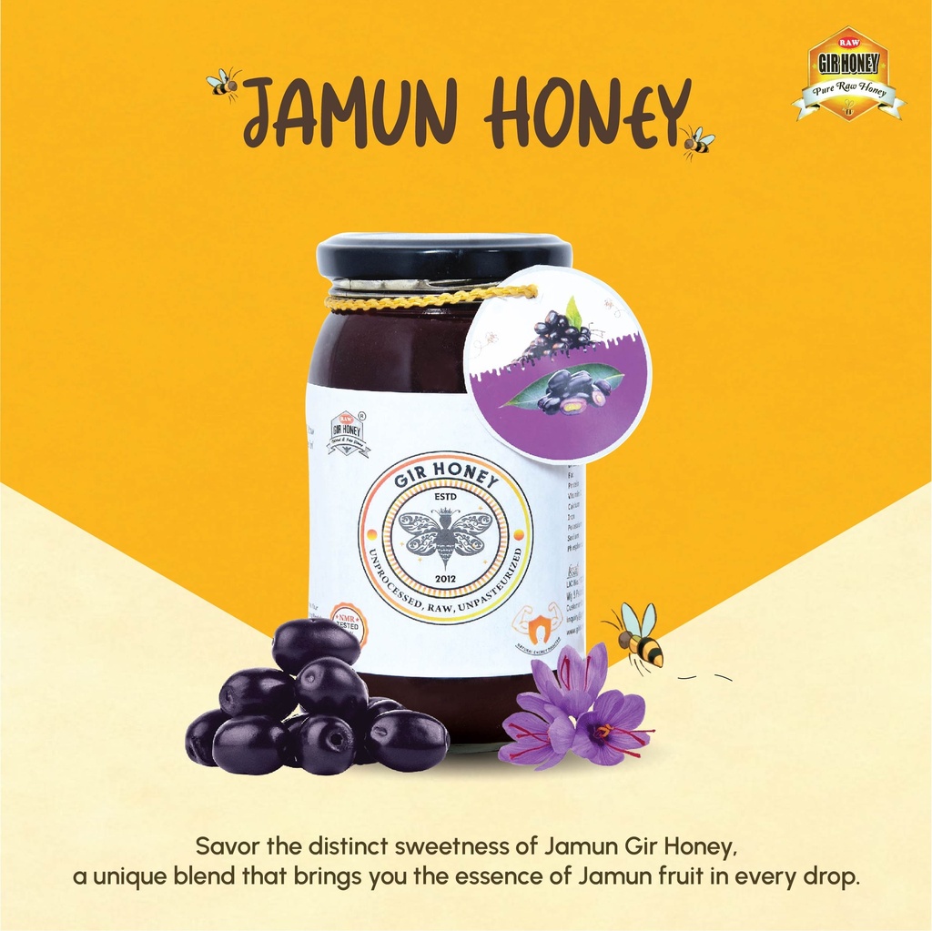 GIR HONEY JAMUN Organic Raw Honey | NMR Tested 100% Raw & Pure Honey | Unprocessed, Unpasteurized, Unheated & Unadulterated | 250gm Jar