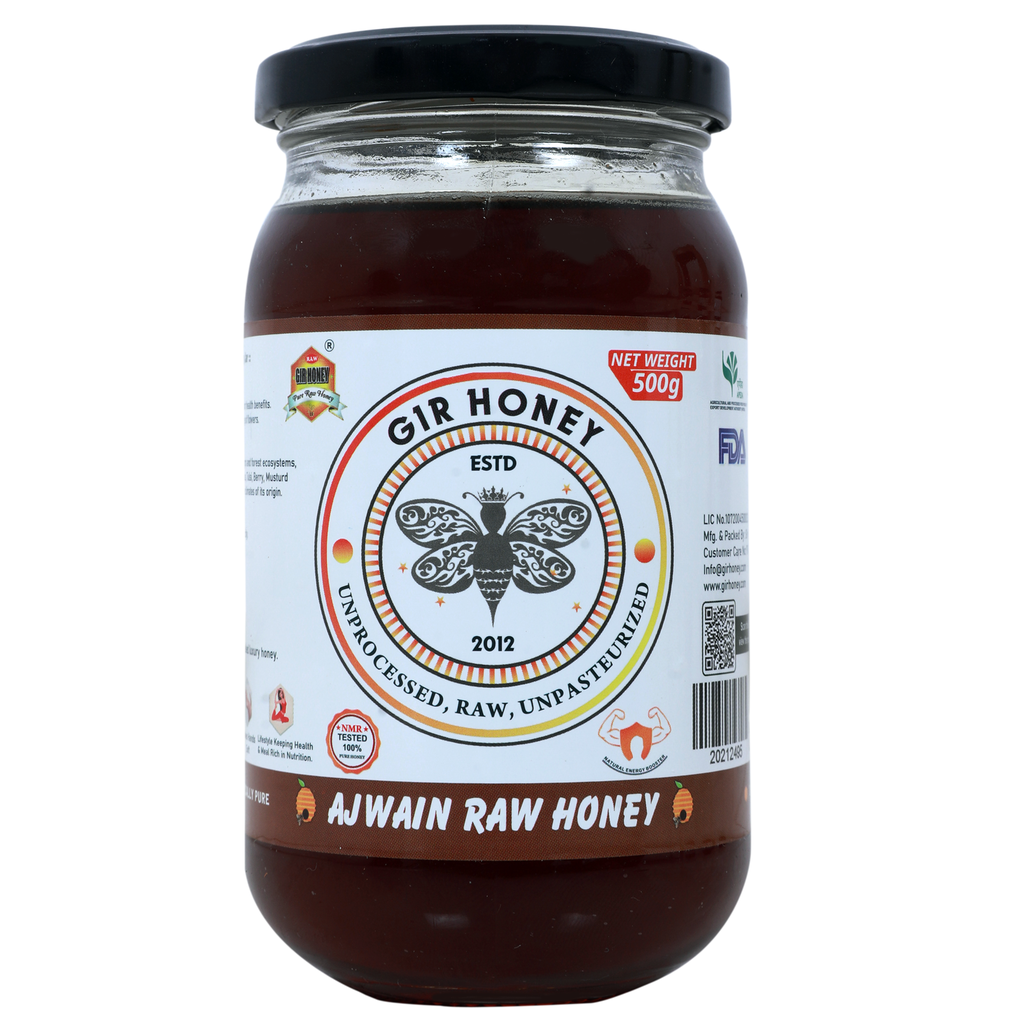 GIR Honey Ajwain Black Raw Honey: NMR Tested 100% Pure, Unprocessed & Organic (500g)